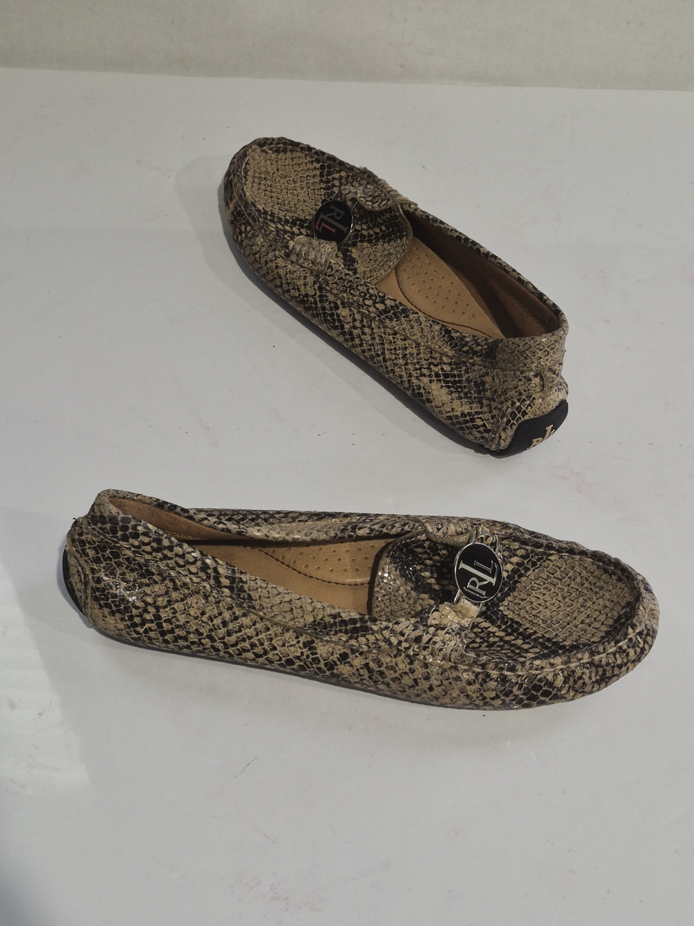 Ralph Lauren Snake-Print Driving Loafers in Beige